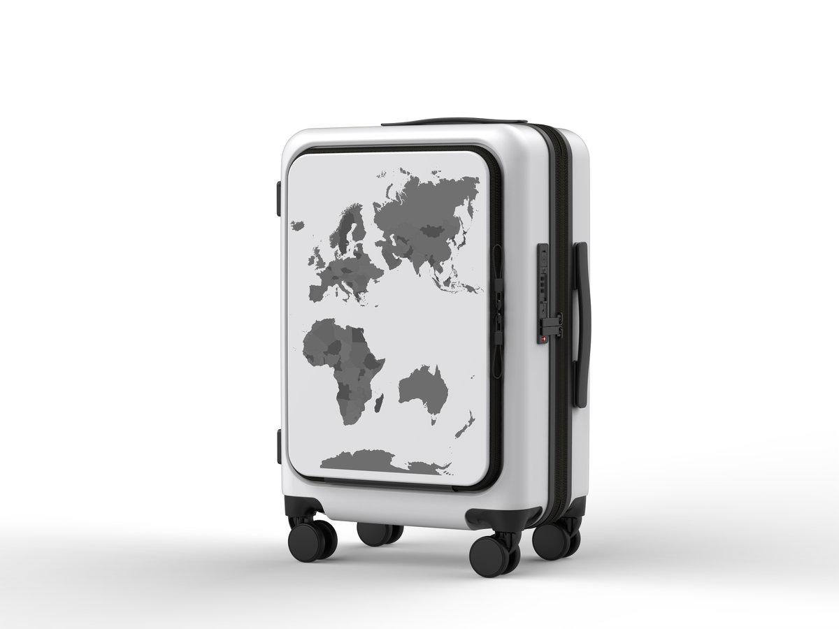 A white  carry-on suitcase with a built-in map and country flag decals, featuring a zipper closure and wheels.