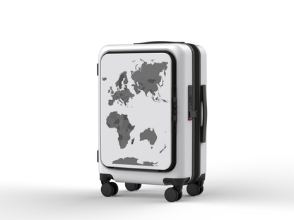 A white  carry-on suitcase with a built-in map and country flag decals, featuring a zipper closure and wheels.
