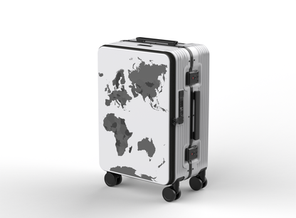 A TRVLD carry-on suitcase with a built-in map decal, predominantly white with black accents, and silver aluminum frame. World map luggage with decals and a water bottle holder