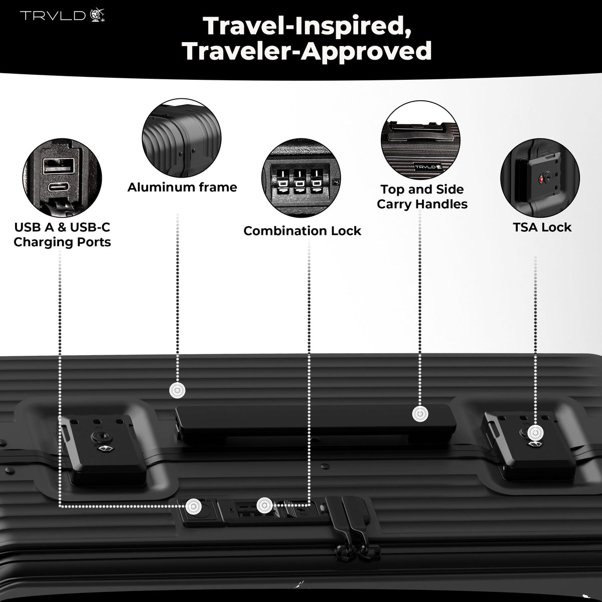 features of the trvld aluminum frame carry on suitcase