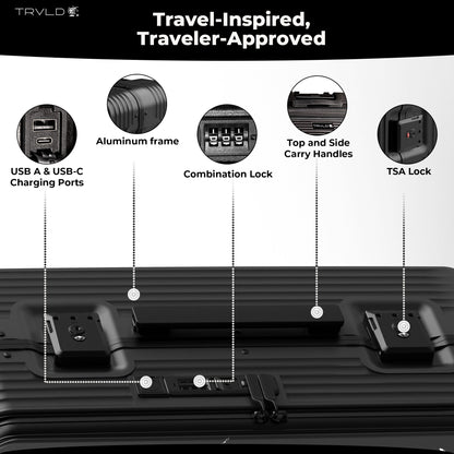 features of the trvld aluminum frame carry on suitcase