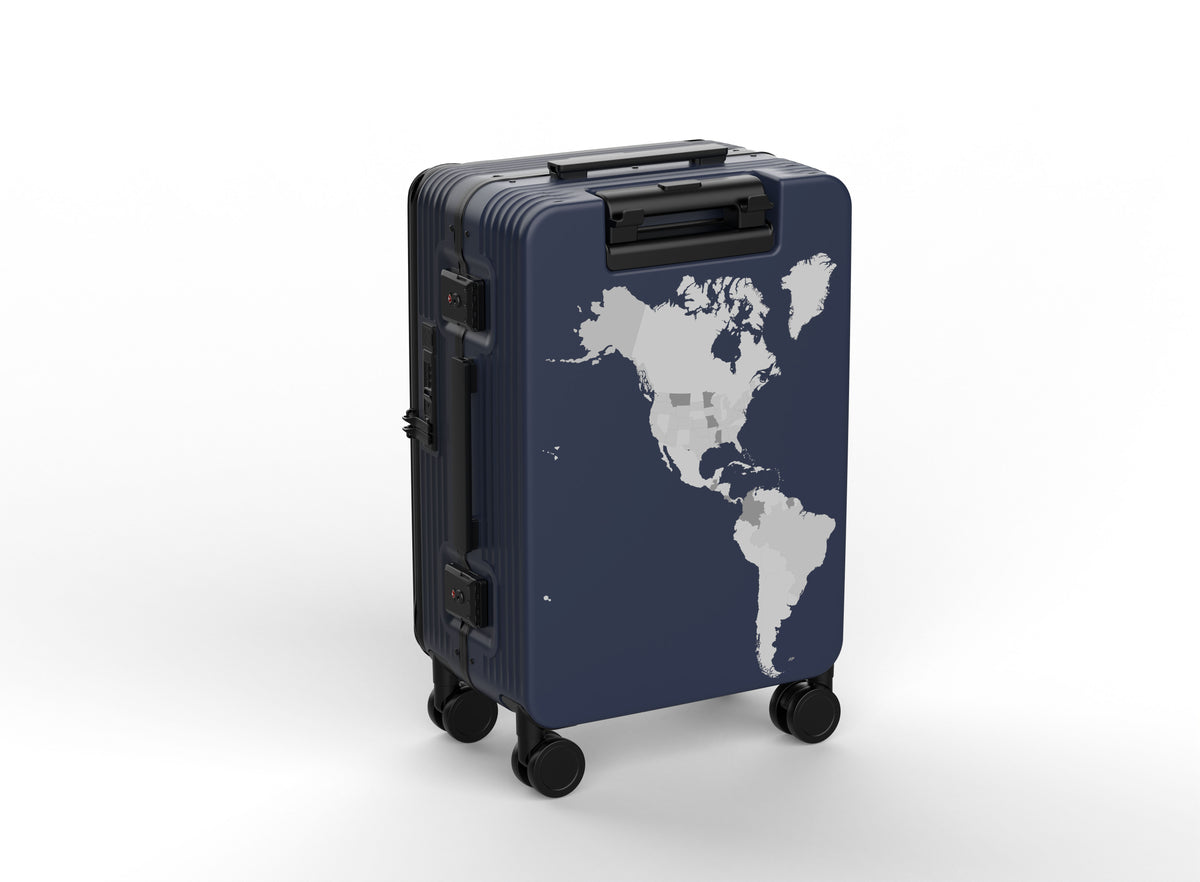 Blue suitcase with world map design on a white background
