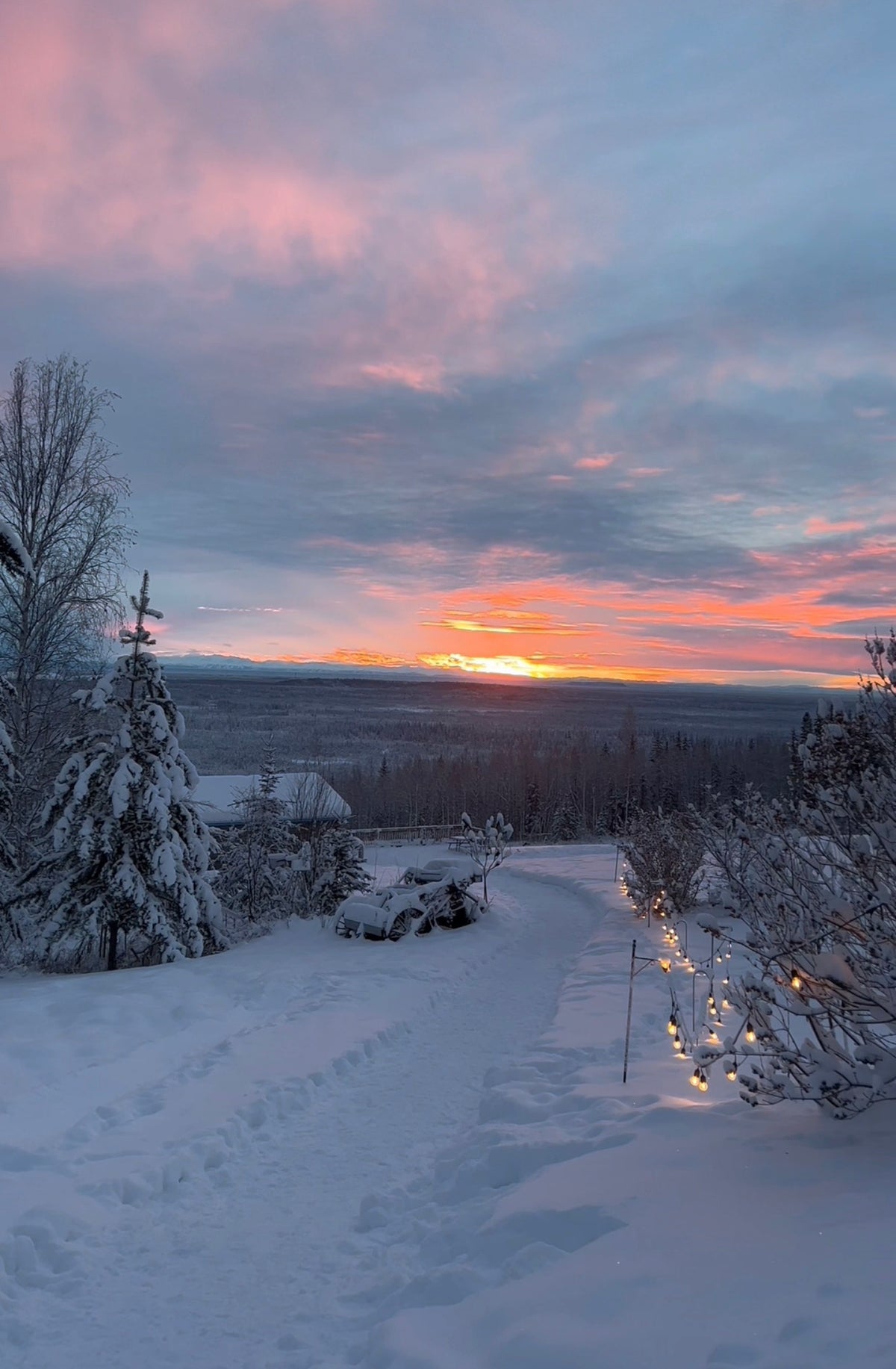Snowy landscape with a sunset over a mountain range, trees, and a path in Alaska 