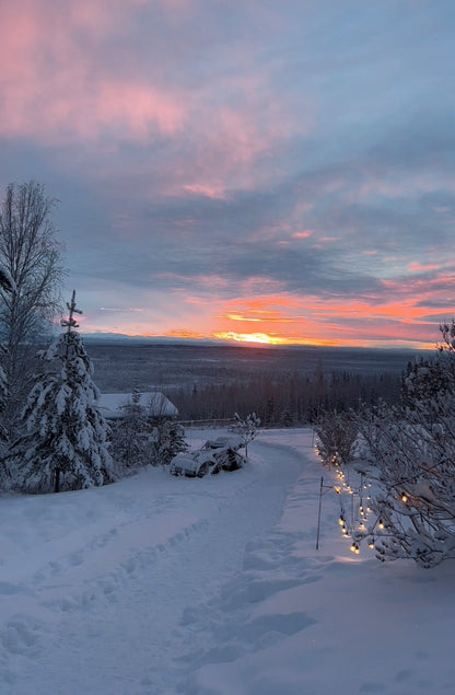Snowy landscape with a sunset over a mountain range, trees, and a path in Alaska 