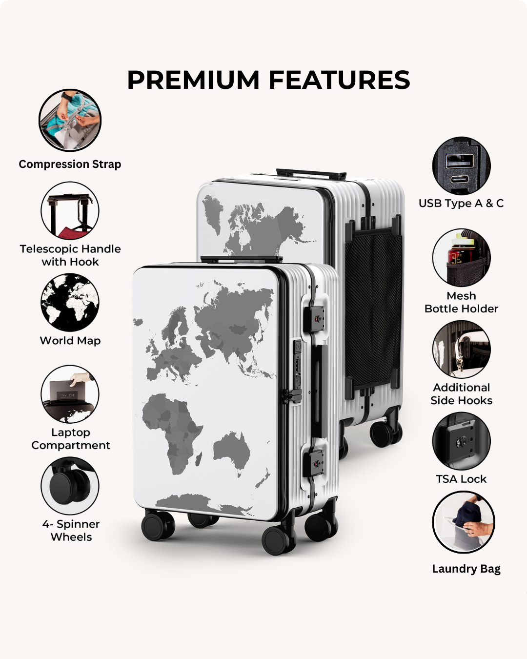 Two suitcases with world map design on a white background, featuring premium features.