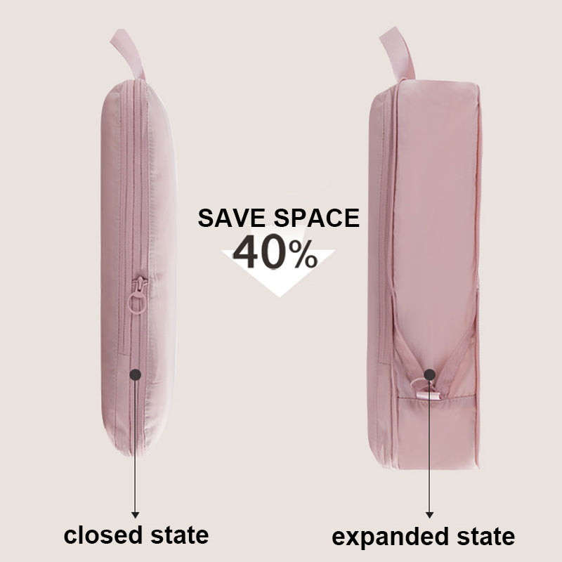Pink travel shoe bag showing closed and expanded states with text indicating space saving.
