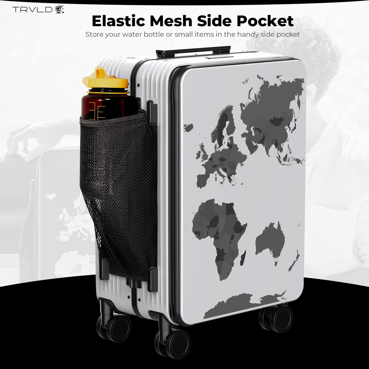 Carry on suitcase with water bottle holder and cup holder