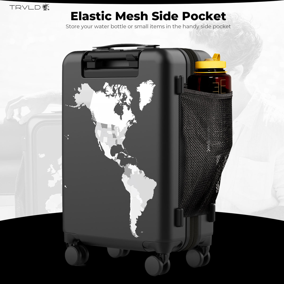 black carry on suitcase with a water bottle holder