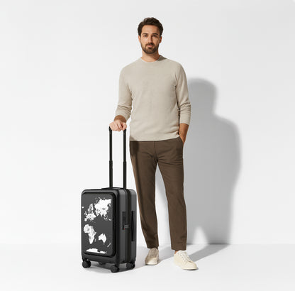 Man holding a black suitcase with world map design on a white background