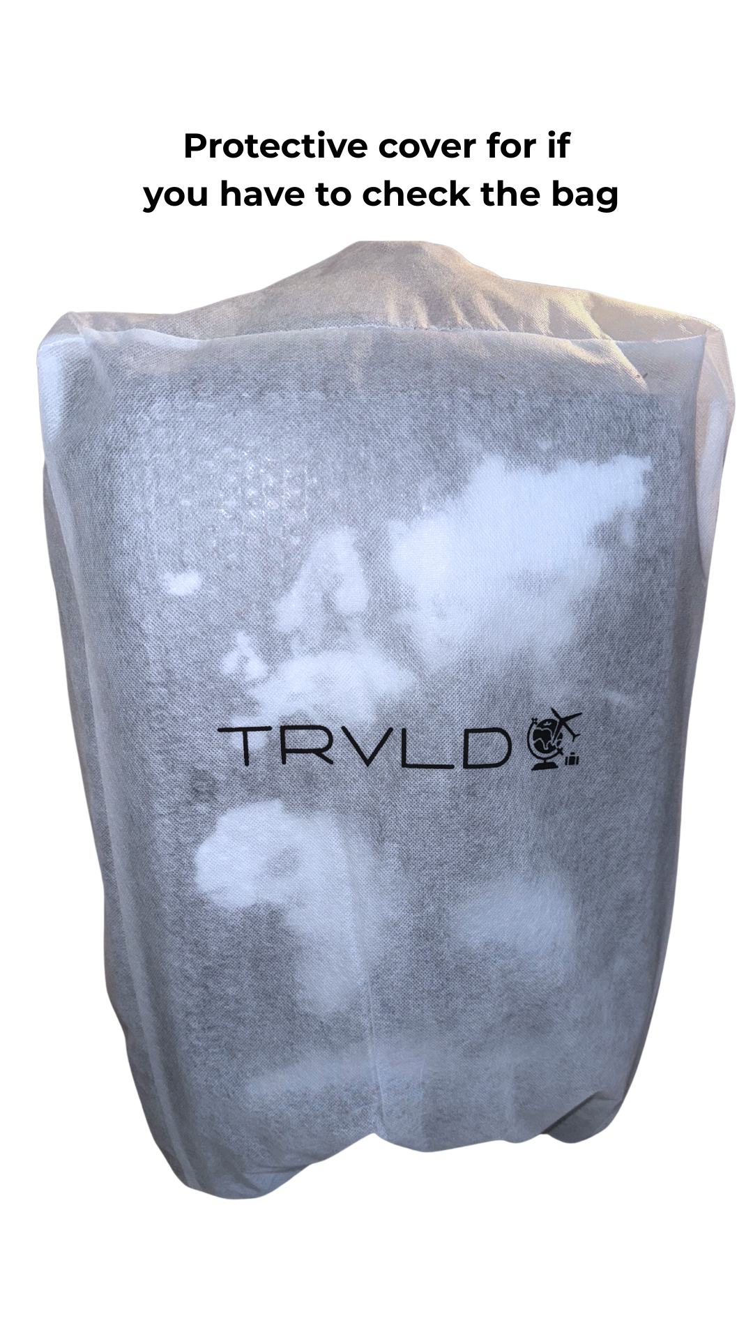 Gray protective cover for a bag with 'TRVLD' branding on a white background