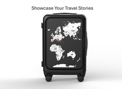 Black suitcase with world map design on a white background