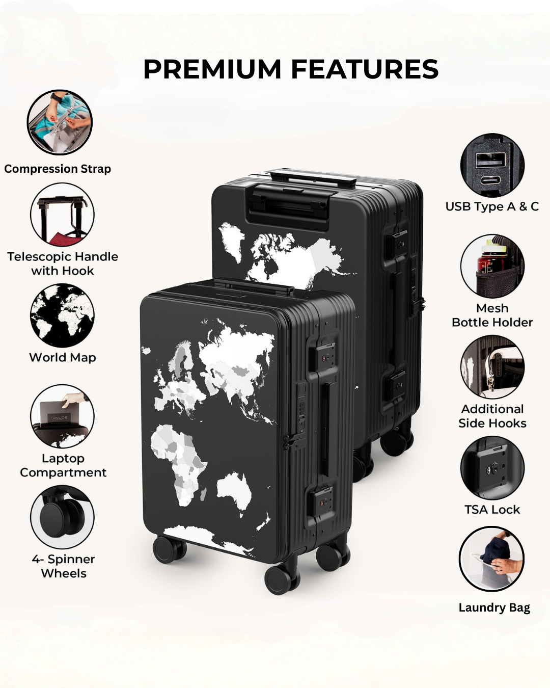 Black suitcase with world map design and multiple features highlighted