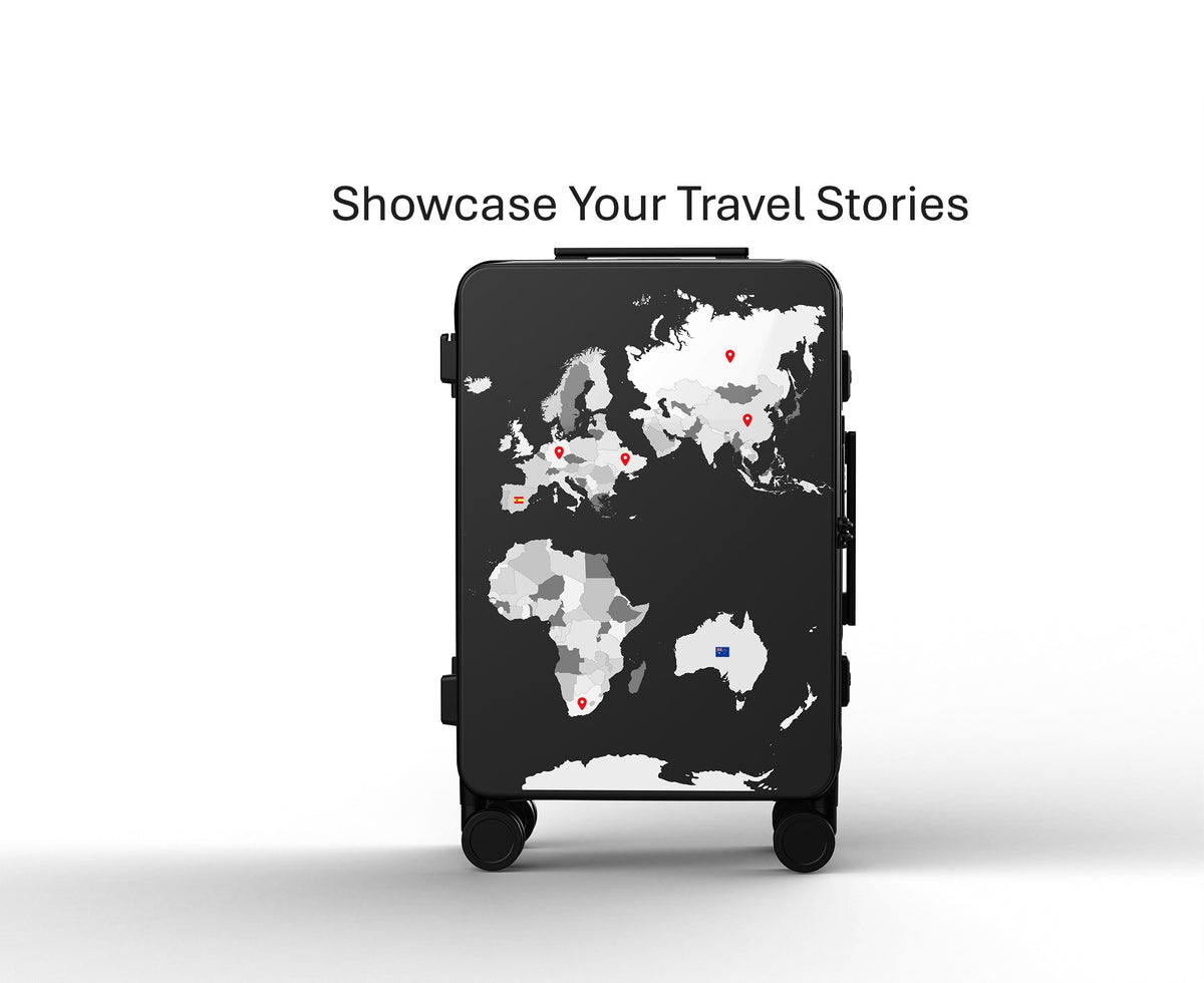 Black suitcase and luggage with world map design 